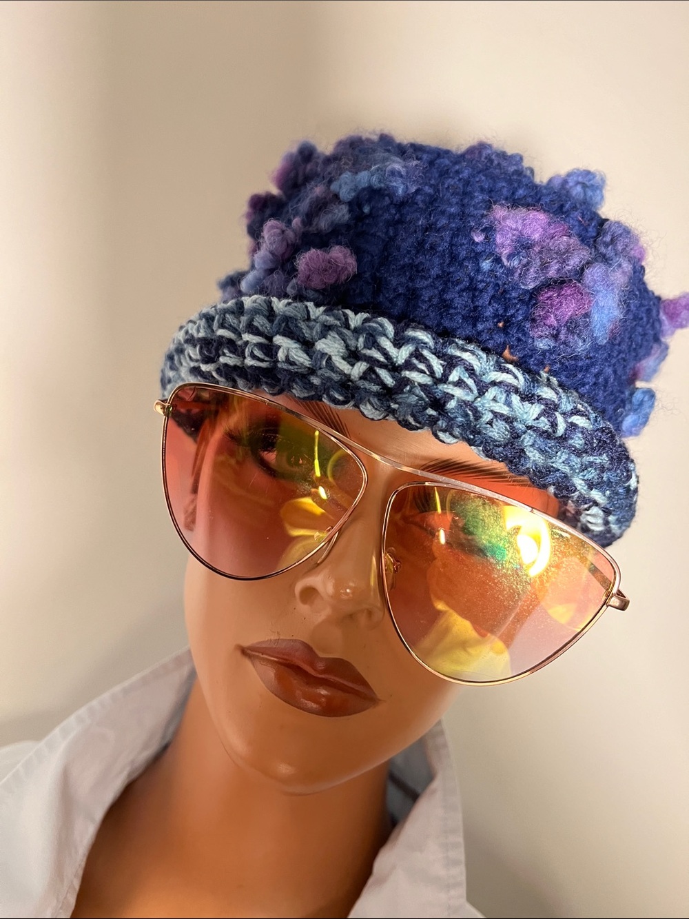 Women's Blue Knit Bucket Hat with Purple Accents